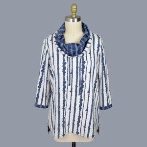 ALI MILES ABSTRACT VERTICAL STRIPE CREAM BLUE COWL NECK SWEATER